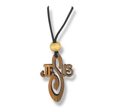 Olive Wood Jesus Name Cross Pendant on Cord