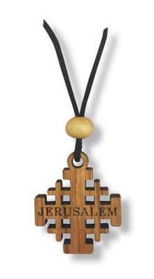 Olive Wood Jerusalem Cross Pendant on Cord